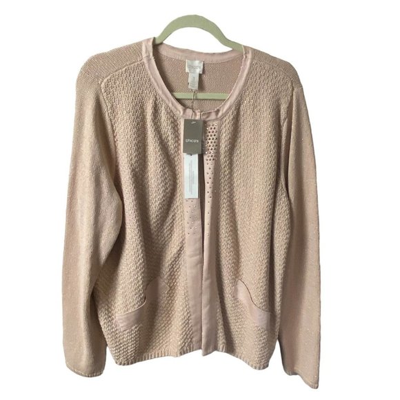NEW Chico’s Women Blush Embellished Shine Evelyn Cardigan Sweater Size 3 US16